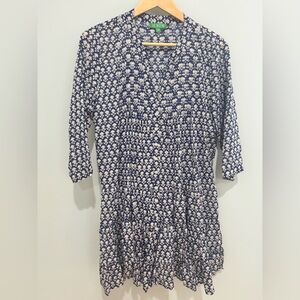 J. Crew Navy and Cream Leaf Pattern Tiered Beach Cover Up